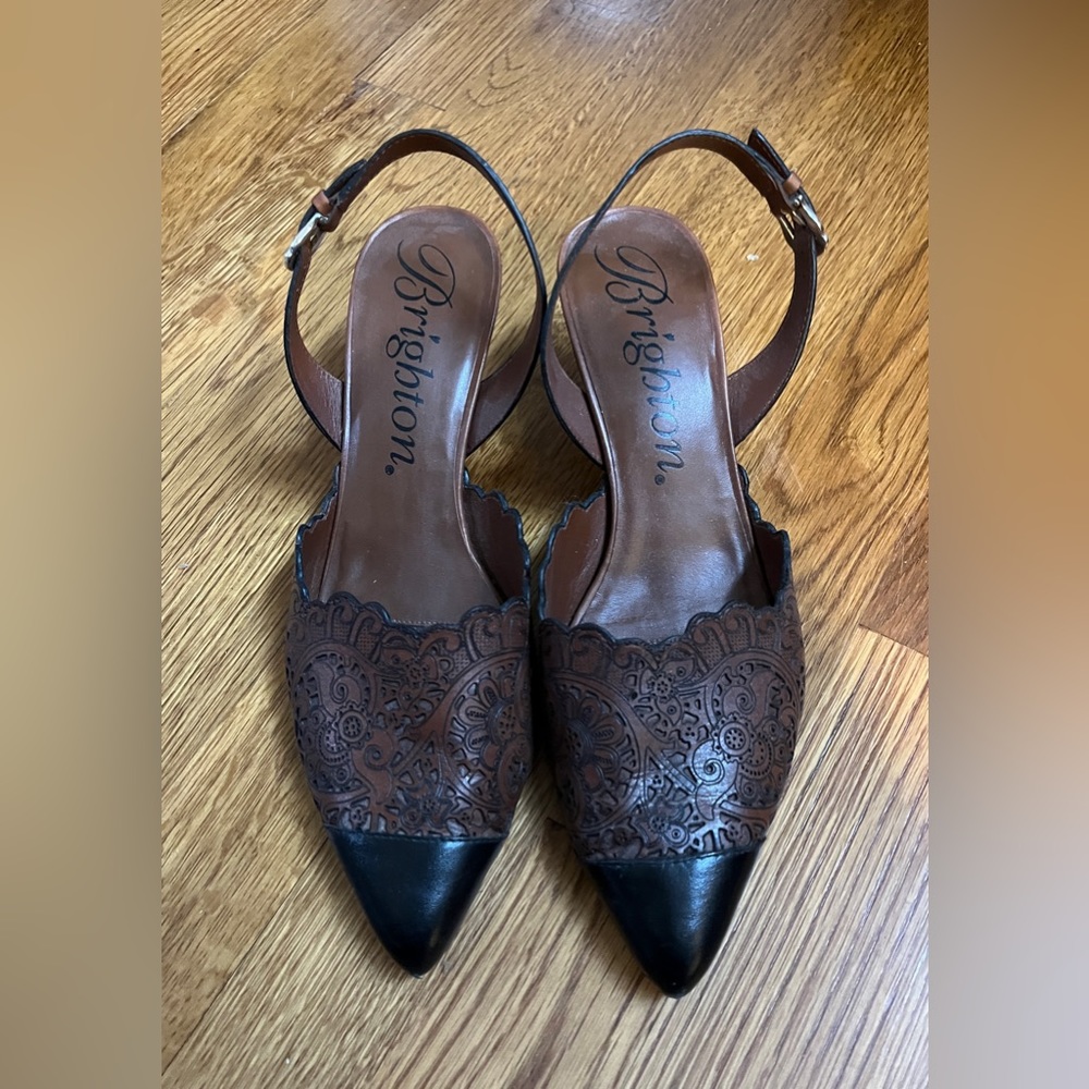Brighton “Fancy” leather slingback pumps.